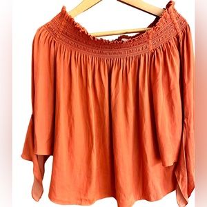 LOFT Women’s Sz Medium Petite Top Orange Half Tie Sleeves Smocked.